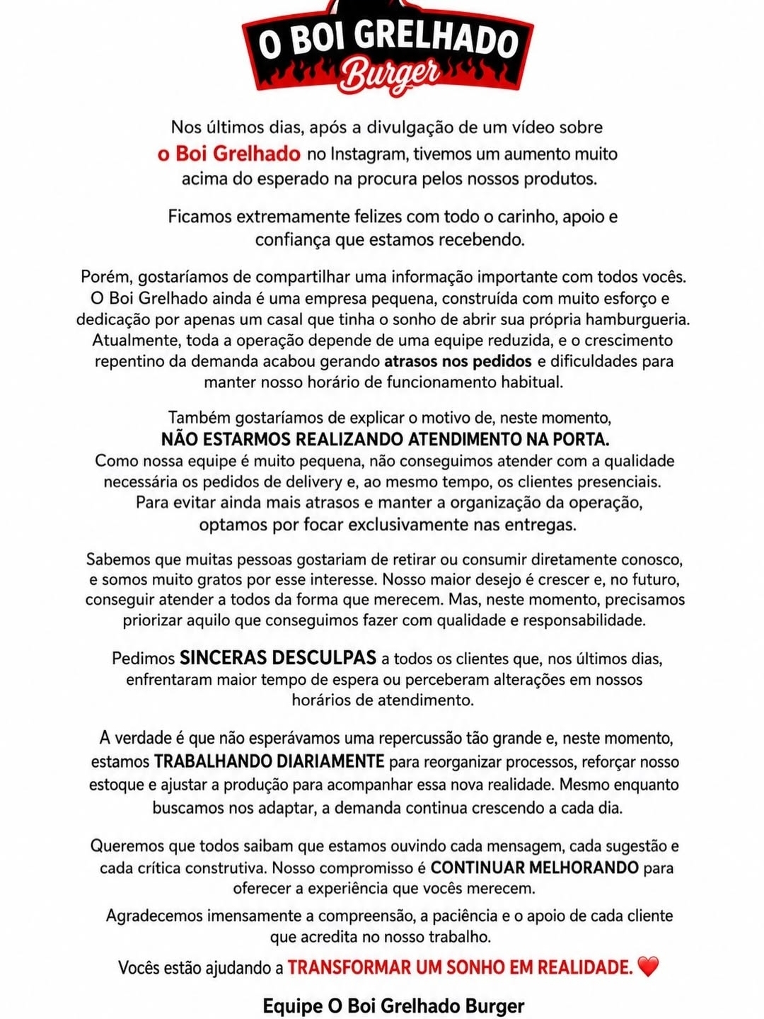 Comunicado da Boi Grelhado sobre encerramento antecipado do delivery